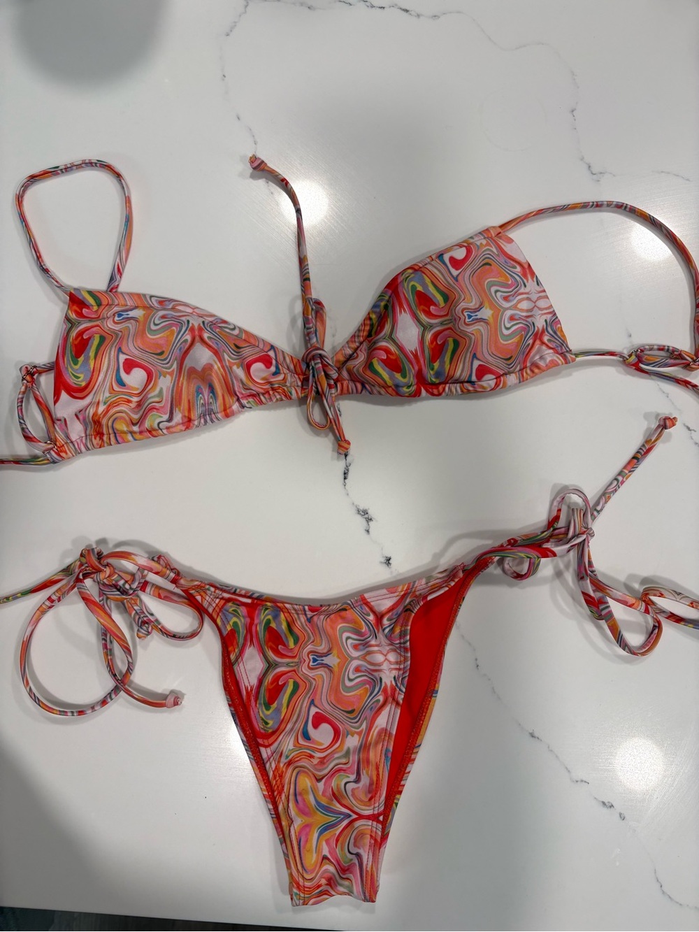 Strawberry Milk Mob Tie-String Bikini Set in Coral and Pink colorful swirl - Picture 2 of 3